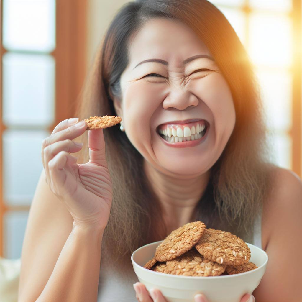 A person enjoying a plate of oat biscuits, looking satisfied and healthy.